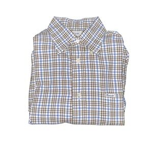 Faconnable Blue and Brown Plaid Men's Button-Down Shirt Size Medium